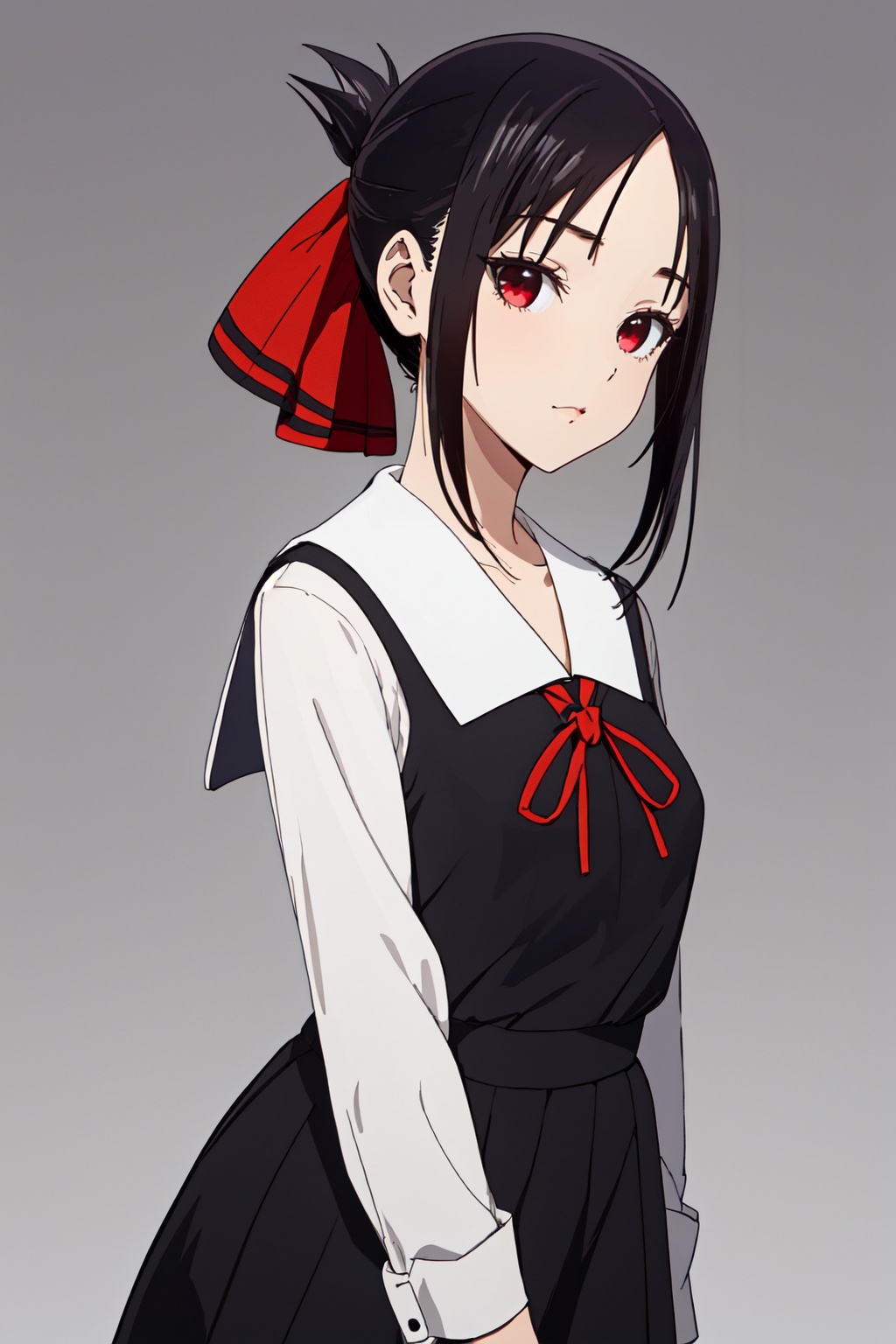 1girl,looking at viewer,solo,black hair,short hair,folded ponytail,red eyes,shuuchiin academy school uniform,dress,ribbon,red ribbon,socks,black socks,hair ribbon,black dress,kneehighs,shoes,long sleeves,<lora:Kaguya:0.8>,Kaguya_CYQL,portrait,beautiful face,beautiful eyes,glossy skin,shiny skin,grey background,simple background,posing in front,masterpiece,best quality,beautiful and aesthetic,contrapposto,female focus,wallpaper,fashion,