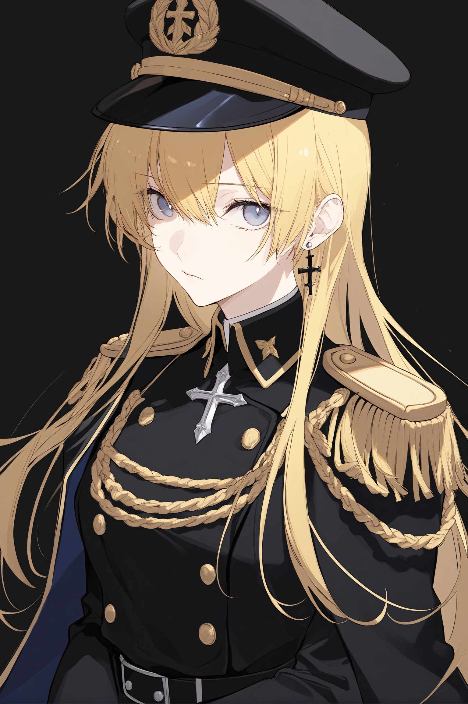 1girl,solo,long hair,looking at viewer,bangs,blue eyes,blonde hair,hat,jewelry,closed mouth,jacket,upper body,earrings,uniform,military,black headwear,military uniform,chain,cross,peaked cap,epaulettes,military hat,cross earrings,aiguillette,