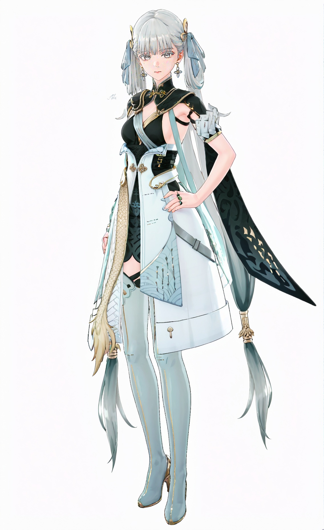 8k, best quality, masterpiece, (ultra-detailed), (high detailed skin), (white background:1.3), (full body:1.2), (white background), standing, looking at viewer, (solo:1.2), hands on hips, <lora:Jinxi-artiwaifu-Tanger:0.7>, Jinxi, Jinxi's def clothes, 1girl, jewelry, dress, long hair, white hair, mole under eye, (beautiful_face), ((intricate_detail)), clear face, pale skin, ((finely_detailed)), fine_fabric_emphasis, ((glossy)), full_shot, 