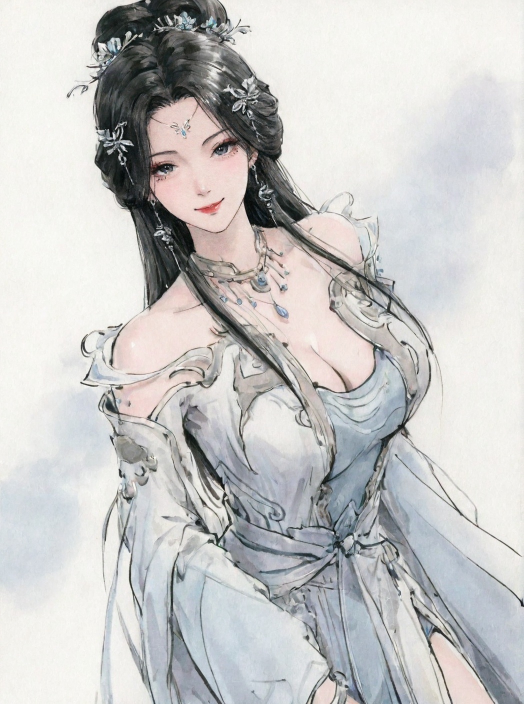 ((very awa)),solo,highly detailed,(best quality),((masterpiece)),1girl,<lora:鸽正则nbXL:0.4>,ge,chi,<lora:chi正则100nbXL:0.7>,traditional media,painting \(medium\),watercolor \(medium\),large breasts,mature_female,looking_at_viewer,<lora:安妙依nbXL:0.6>,anmiaoyi,black hair,hair ornament,earrings,necklace,hair bun,bare shoulders,forehead mark,facial mark,cowboy_shot,seductive_smile,