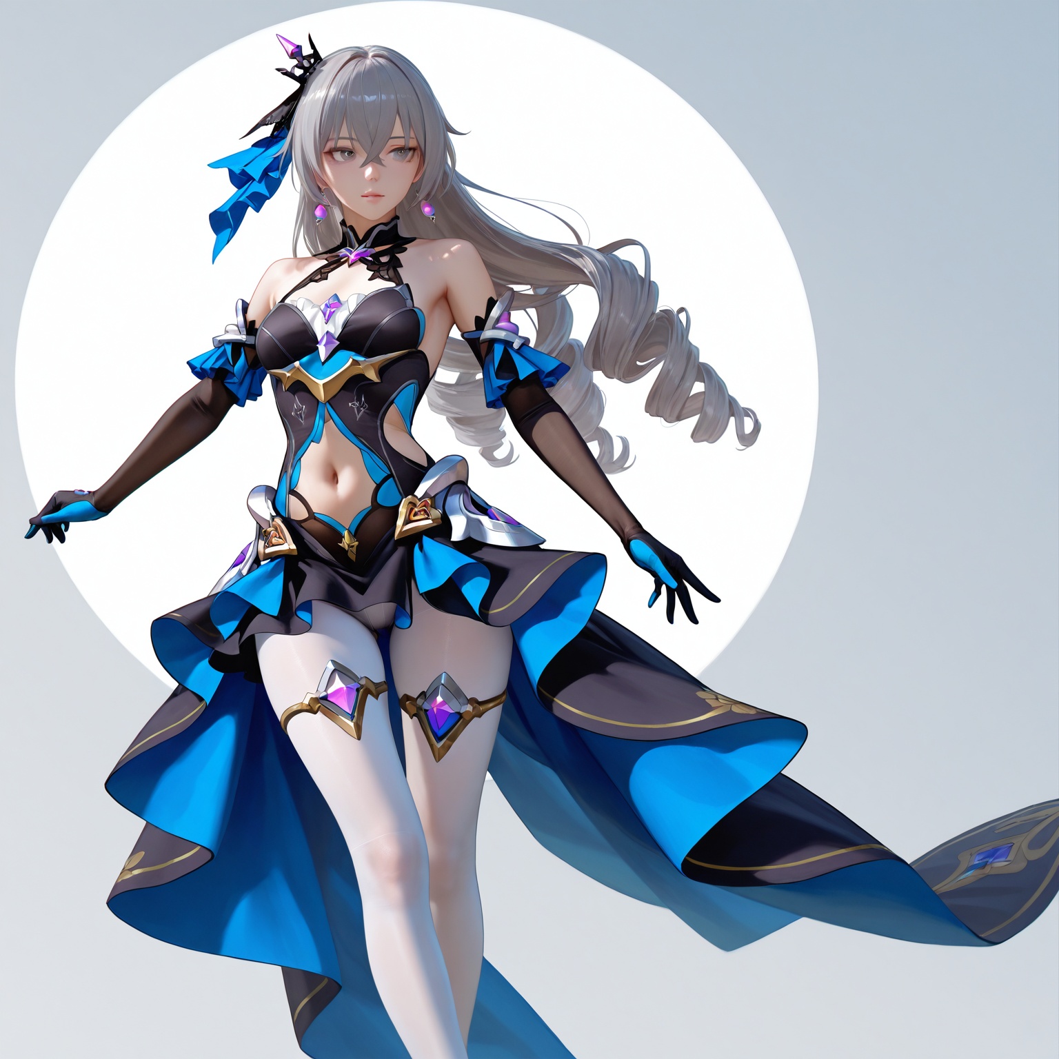 realistic,2.5D,photorealistic,1girl black_gloves blue_dress bronya_zaychik bronya_zaychik_(herrscher_of_reason) clothing_cutout commentary crossed_bangs dress elbow_gloves ga_isuto46563 gloves grey_eyes grey_hair hair_between_eyes hashtag-only_commentary highres honkai_(series) honkai_impact_3rd navel pantyhose project_bunny robot solo stomach_cutout white_footwear white_pantyhose,