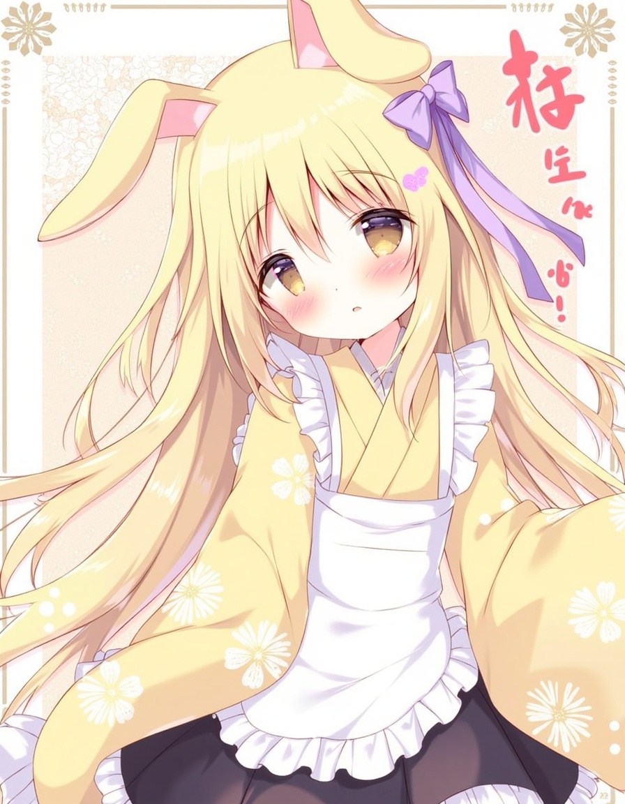 shiratama_(shiratamaco), commentary_request, highres, translation_request, 1girl, 2023, animal_ears, apron, black_skirt, blonde_hair, bow, brown_eyes, chinese_zodiac, floral_background, floral_print, frilled_apron, frilled_skirt, frills, hair_between_eyes, hair_bow, hand_up, japanese_clothes, kimono, long_hair, long_sleeves, looking_at_viewer, one_side_up, pleated_skirt, print_kimono, purple_bow, rabbit_ears, skirt, solo, very_long_hair, white_apron, wide_sleeves, year_of_the_rabbit, yellow_kimono, momose_mitsuki, amairo_chocolata, year_2023,, <lora:flux-Shiratamaco-000008:1>