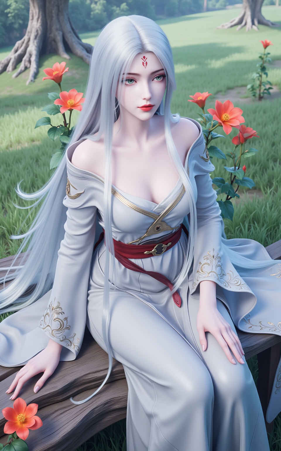 xiaobai,flowers,huge flowers,parks,meadows,1girl,solo,long hair,breasts,green eyes,collarbone,white hair,makeup,facial mark,lipstick,robe,forehead mark,serafuku,dress,long sleeves,aqua eyes,bare shoulders,red lips,wide sleeves,silver hair,eyeshadow,off shoulder,(Full-body:1.4),Long skirts,cloth shoes,(Sitting:1.4),Dynamic angles,dynamic poses,The palace,the ancient buildings,