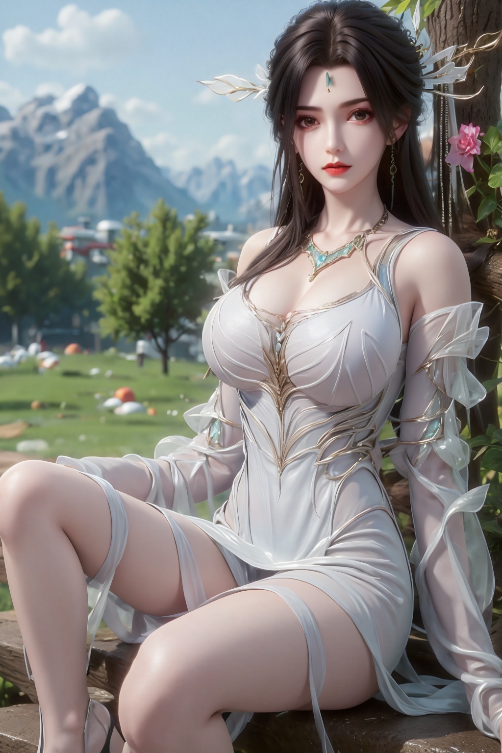 <lora:20250601-1748783307257:1>,1girl,dress,sitting,white dress,bare legs,long hair,solo,tree,hair ornament,forehead mark,earrings,facial mark,jewelry,detached sleeves,bare shoulders,black hair,mountain,sky,clothing cutout,brown hair,outdoors,looking at viewer,breasts,