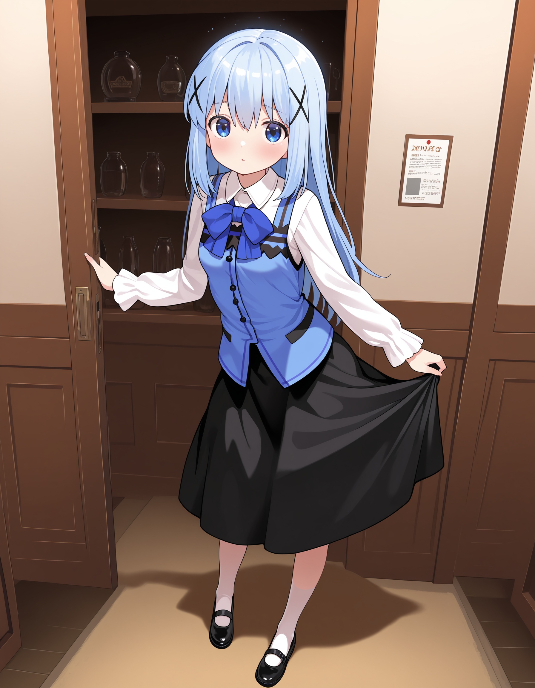 masterpiece,best quality,amazing quality,,xiangfengzhinai,1girl,solo,looking at viewer,long hair,blue hair,rabbit house uniform,black skirt,standing,full body,<lora:kafuu_chino50xllokr:1>