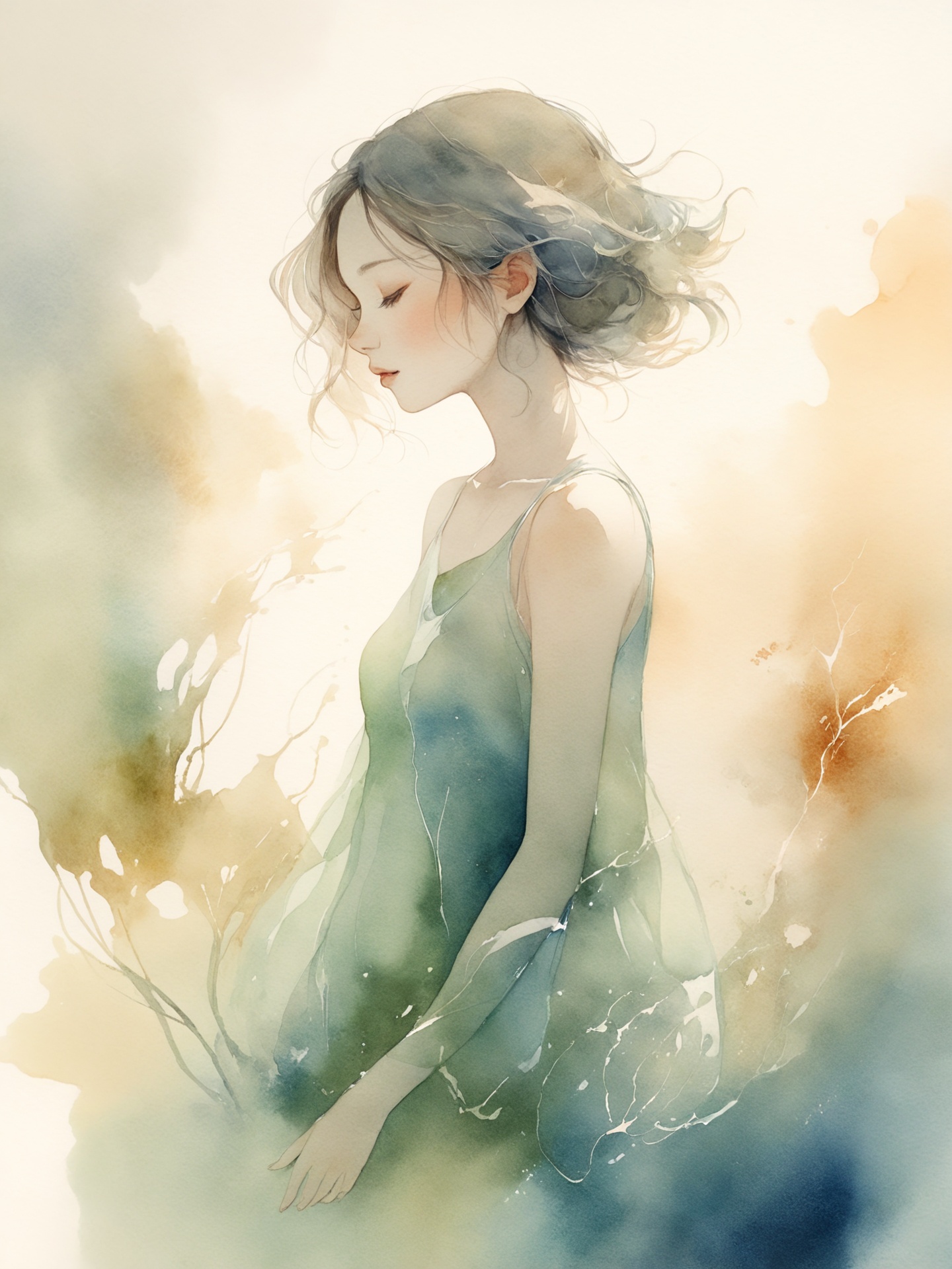 1girl,  watercolor washes,  translucent layers on Tensor.Art