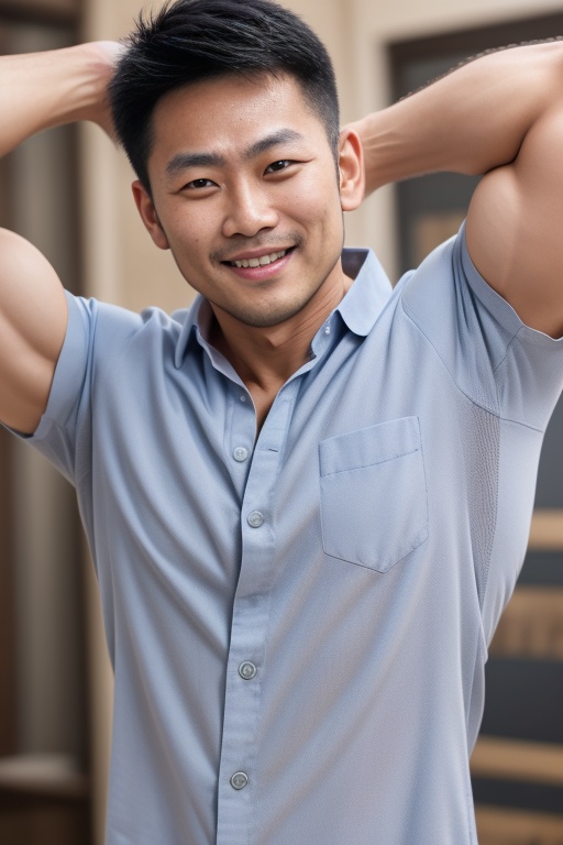 CNman,AsianMan,1boy, armpit hair, armpits, asianmalerg, blurry background, closed mouth, heart, looking at viewer, mature male, muscular, shirt, simple background, smile, solo