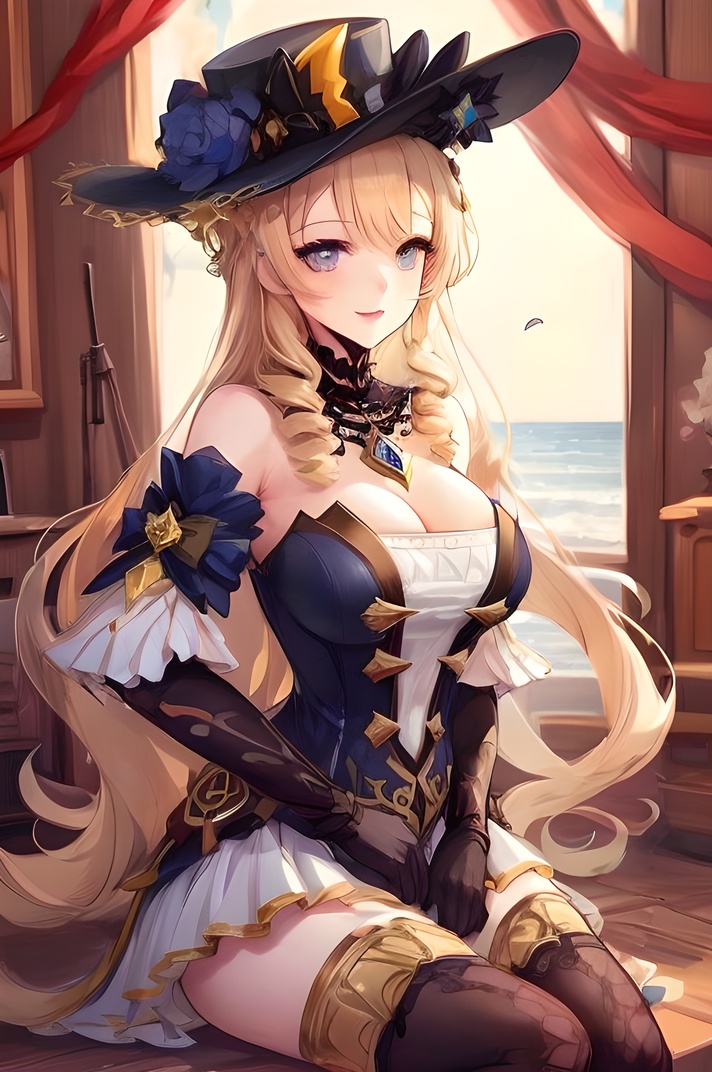 navialp,navia_(genshin_impact),1girl,solo,game cg,red lips,blonde hair,breasts,blue eyes,hat,long hair,dress,thighhighs,upper_body,portrait,gloves,bangs,bare shoulders,cowboy shot,cleavage,drill hair,black headwear,detached sleeves,hat flower,black gloves,fingerless gloves,elbow gloves,black thighhighs,strapless,smile,by the sea,sitting,crossed legs,navialp, <lora:navia6:0.8>