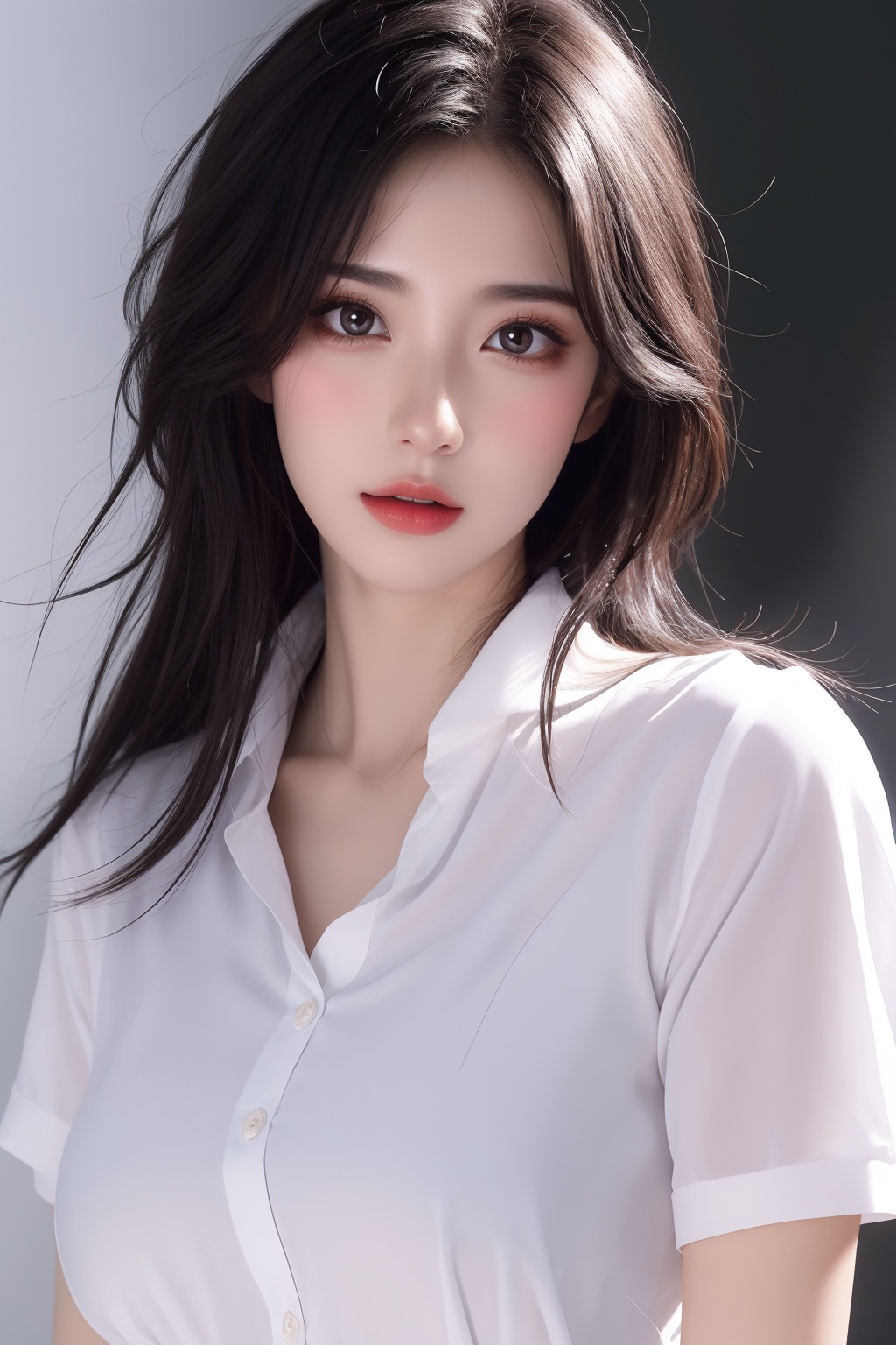1girl, black hair, bra, bra visible through clothes, breasts, brown eyes, collared shirt, large breasts, lips, long hair, looking at viewer, nose, photorealistic, realistic, see-through, shirt, short sleeves, solo, underwear, upper body, wet clothes, wet shirt, white shirt, wing collar <lora:美女:0.8>