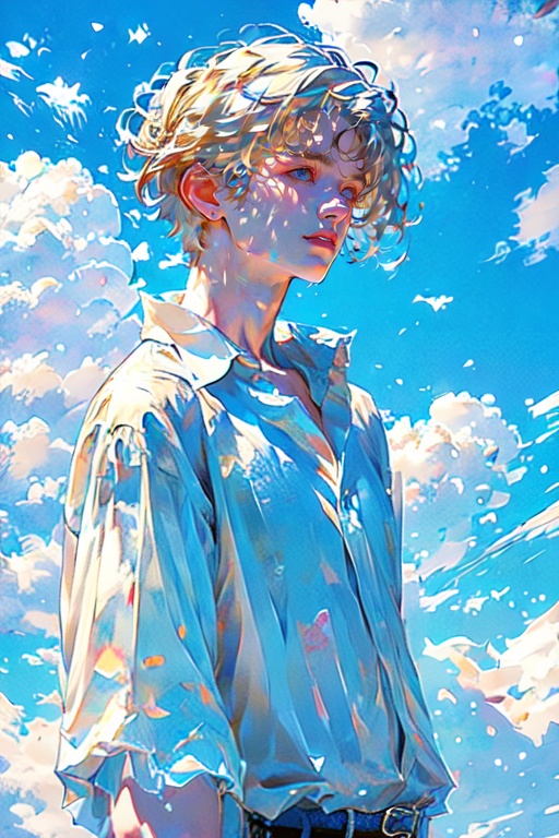 <lora:bbbb-000040:1>,1boy,highly detailed,ultra-high resolution,32K UHD,sharp focus,best-quality,masterpiece,unconventional supreme masterpiece,masterful details,temperate atmosphere,with a high-end texture,in the style of fashion photography,Dynamic Angle,Dynamic posture,male focus,solo,closed eyes,white shirt,pants,short hair,cloud,belt,blonde hair,cowboy shot,long sleeves,outdoors,closed mouth,white hair,