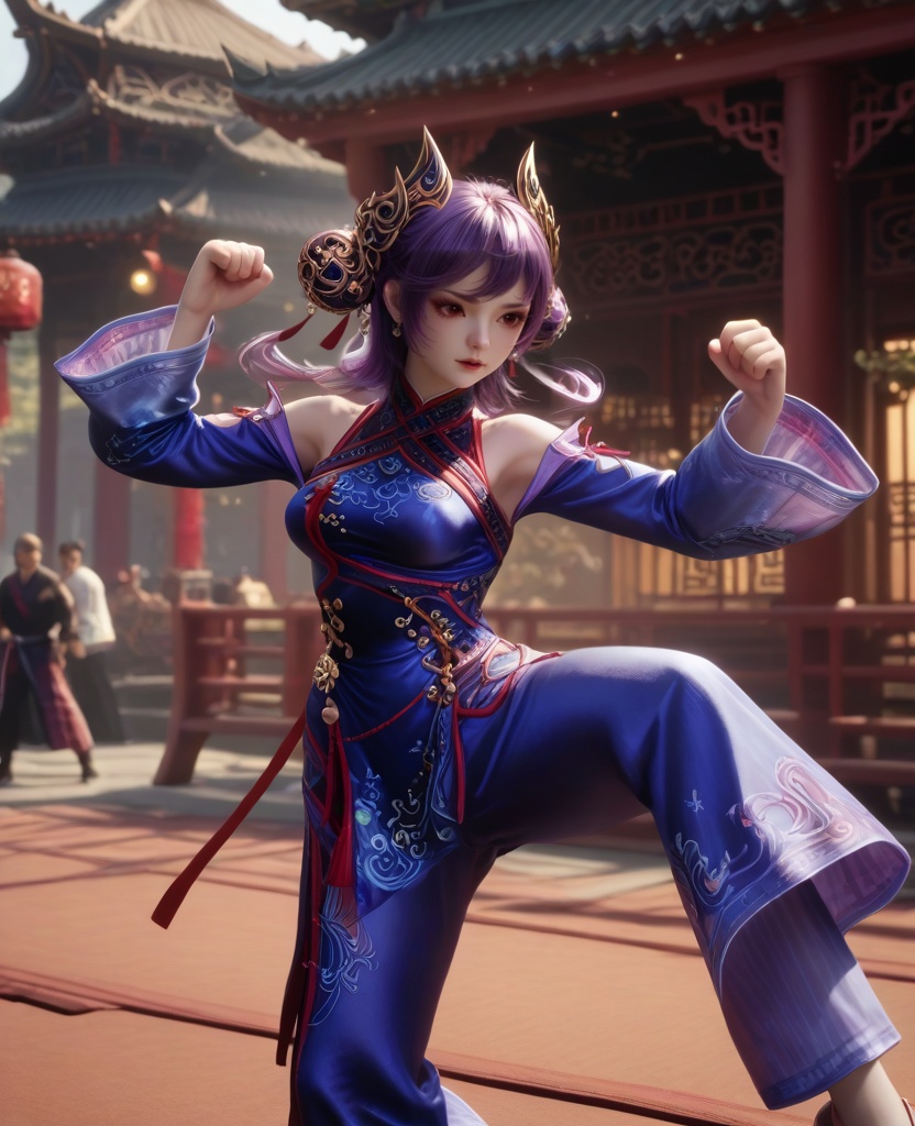 (oriental architecture, elegant decor, sophisticated style:1.1),(martial arts flying roundhouse kick:1.1),(breasts:1.2),<lora:XL16牧神记司芸香:0.95>,miss siyunxiang,china dress with blue violet,red eyes,purple hair,double bun,hair ornament,cutout pants,wide cuffs,, score_9,score_8_up,score_7_up,score_6_up,score_5_up,score_4_up,3d rendering,tag1,tag2, Cinematic Lighting,backlighting,