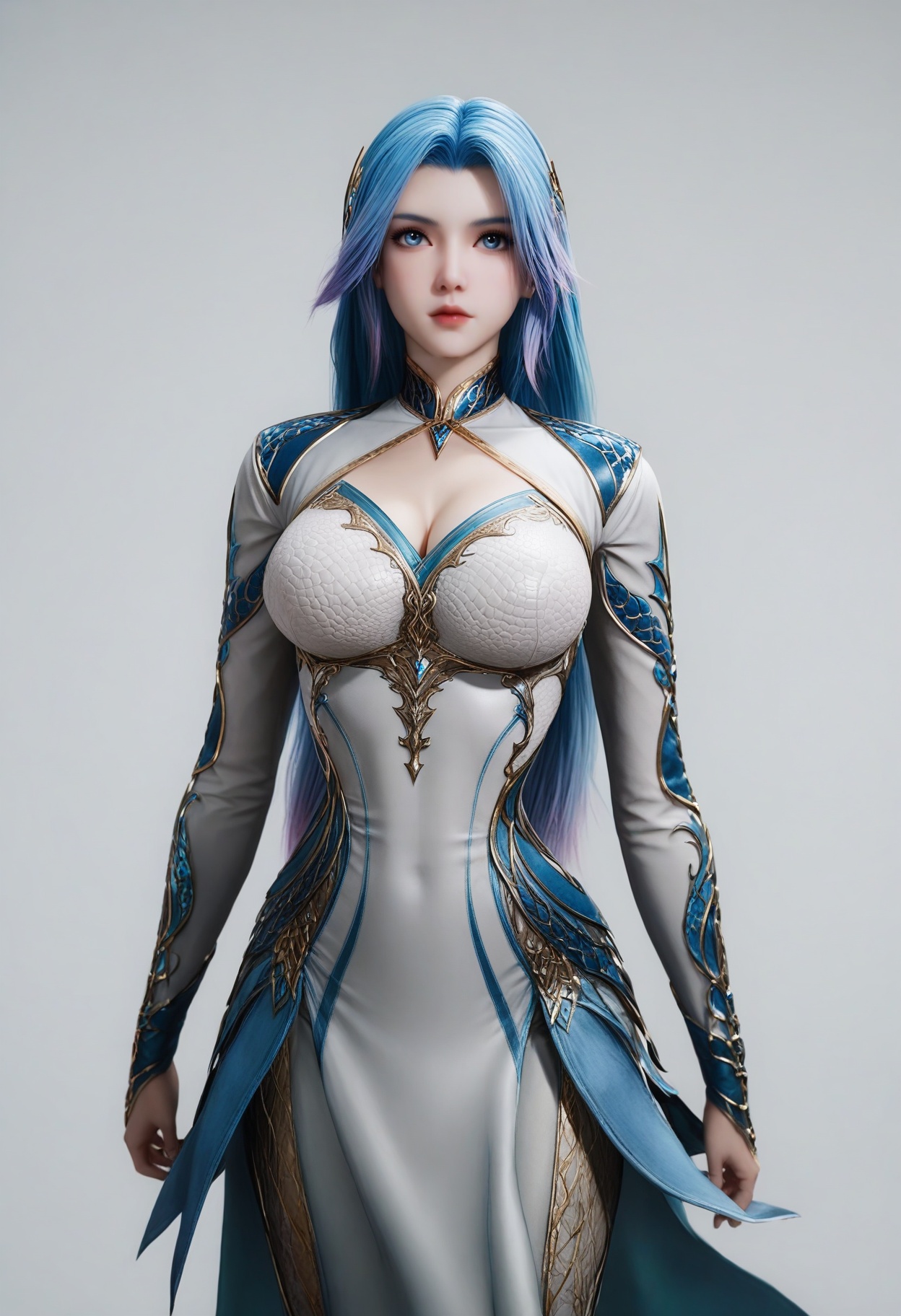 score_9,<lora:SF_WangQiuEr_Pony_Realism2.3-000004:0.7>,1girl,solo,armor,large breasts,blue hair,blue eyes,hair ornament,standing,long hair,gradient hair,two-tone hair,fair_skin,white_skin,Ivory_skin,looking at viewer,white background,
