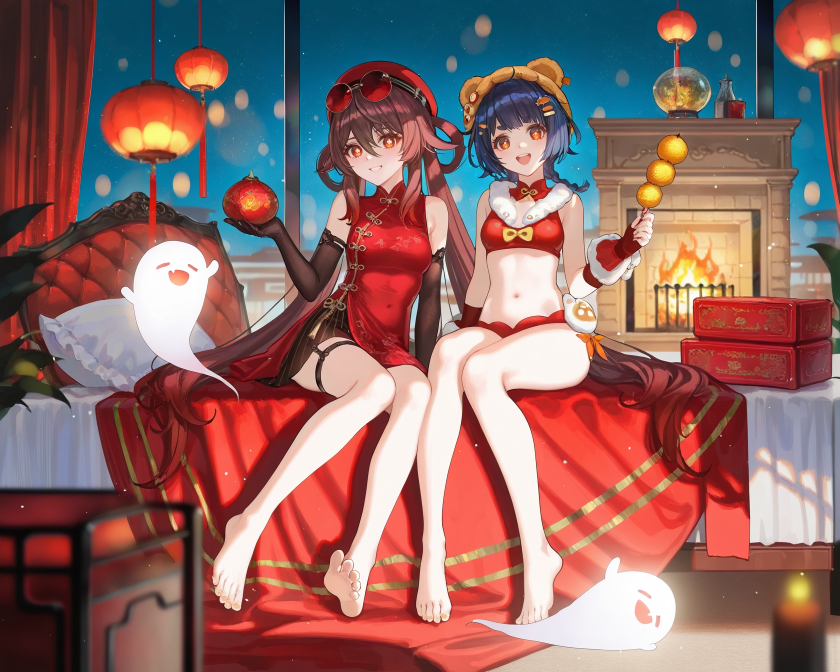 8k,best quality,masterpiece,(ultra-detailed),(high detailed skin),((artist:reoen),(artist:fuzichoco),(artist:atdan),(artist:torino_aqua),year 2024:0.8)1girl,[artist:wlop],[artist:ningen_mame],artist:ciloranko,[[artist:rhasta]],artist:tidsean,colorful,detailed light,light leaks,sunlight,bokeh,blurry foreground,ray tracing,lens flare,cinematic lighting,<lora:huxiang-noob-Tanger-000014:0.8>,(2girls,multiple girls:1.2),xiangling \(New Year's Cheer\) \(genshin impact\),hu tao \(cherries snow-laden\) \(genshin impact\),boo tao \(genshin impact\),smile,open mouth,ghost,looking at viewer,:d,holding,full body,2girls,breasts,multiple girls,fireplace,navel,long hair,smile,looking at viewer,chinese new year,on bed,blanket,small breasts,barefoot,elbow gloves,gloves,