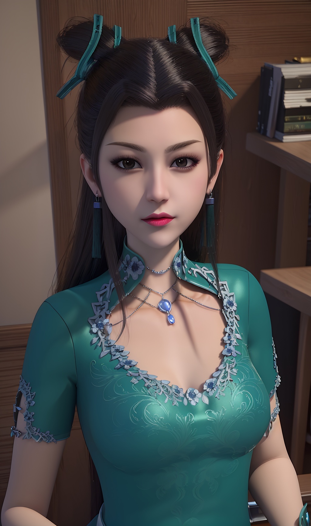3D,masterpiece,(best quality),(makeup),official art, extremely detailed cg 8k wallpaper,((crystalstexture skin)), (extremely delicate and beautiful),(highly detailed),(face),(collar),(closed_mouth),(1girl), (solo), (jewelry), (earrings),(black_hair),(long_hair),(hair_ornament),(handwear),(breasts),((upper_body)),(dress),(shiny_clothes),(city,indoor),(cheongsam),,((looking_at_viewer)),((Facing the camera)),, <lora:hipoly3DModelLora_v10:0.3>
