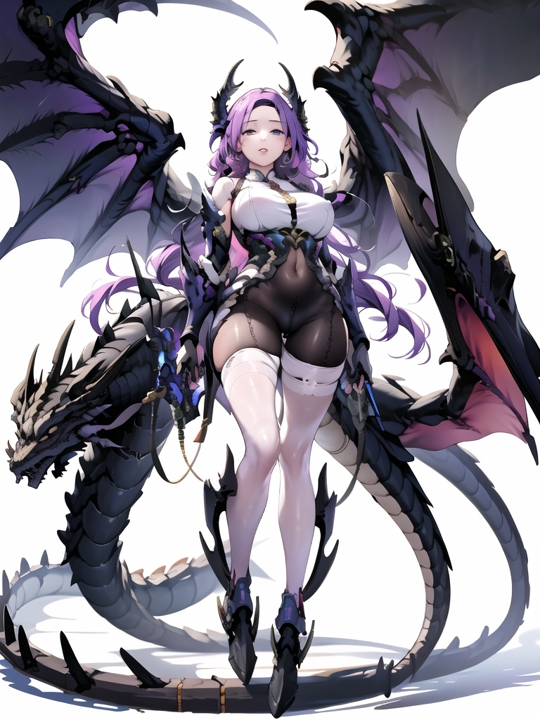 <lora:kim:1>,Kim Mi-Jung,1girl,solo,purple hair,fishnet pantyhose,full body,Huge breasts,legs,fishnets,parted lips,looking at viewer,purple eyes,best quality,masterpiece,<lora:dragon ear_20230623155318:0.6>,best quality,masterpiece,illustration,1girl,solo,full body,Mecha,machine,Dragon ear,Blank background,Dragon wings,dragon tail,dragon horn,