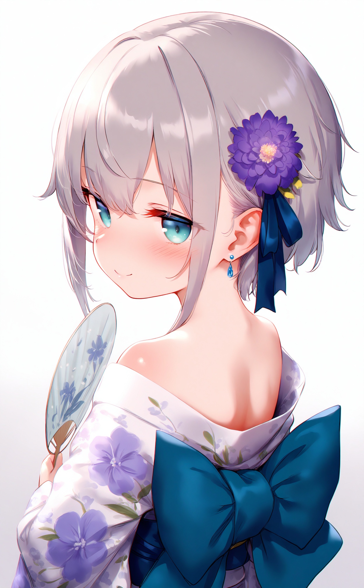 masterpiece,absurdres,best quality,loli,petite,high quality,chromatic_aberration,//,loli,1girl,solo,japanese clothes,kimono,looking at viewer,earrings,ribbon,grey hair,bow,flower,looking back,hair ribbon,jewelry,upper body,white kimono,hair flower,hair ornament,floral print,back bow,blue eyes,white background,sash,obi,blue bow,closed mouth,print kimono,blue ribbon,from behind,yukata,hand fan,gradient background,grey background,simple background,smile,sidelocks,aqua eyes,short hair,blush,purple flower,nape,bare shoulders,backless outfit,//,<lora:nai4zhengliu2——【noob】hans:0.88>,