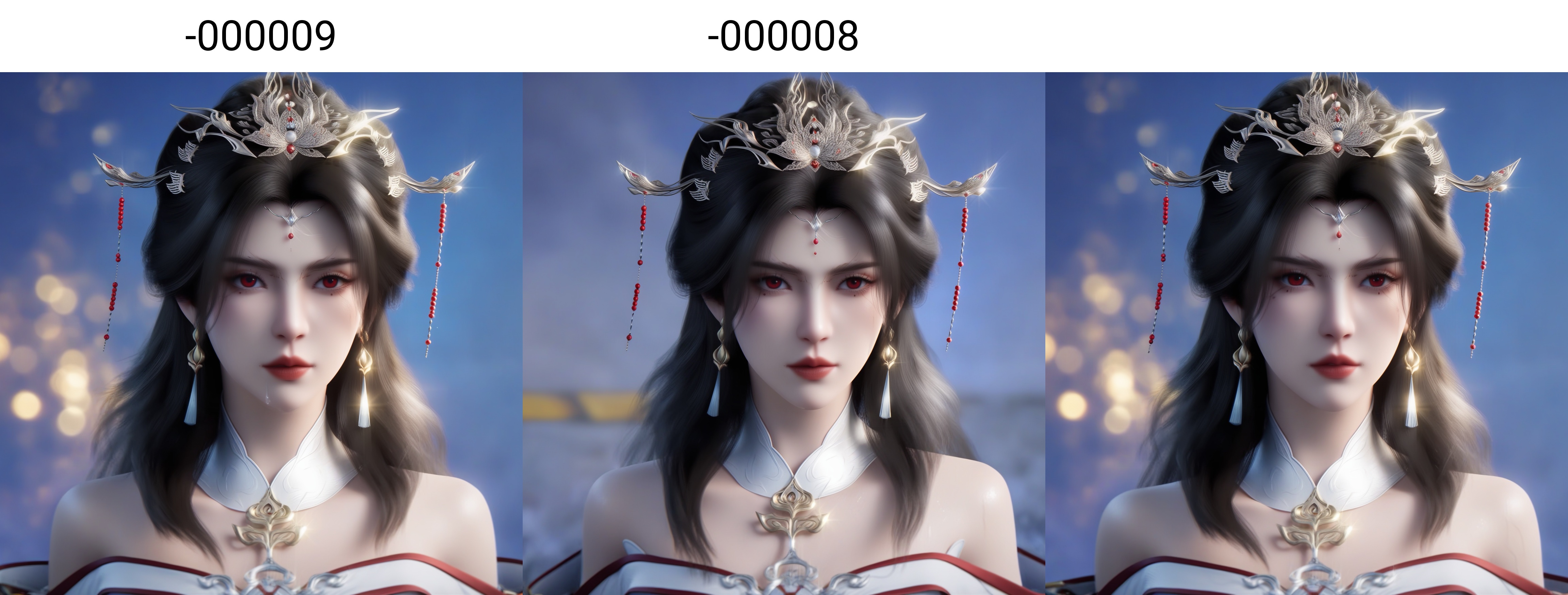 (score_9),collarbone,<lora:姚惜雪-Apony-000009:0.85>,long hair,black hair,hair ornament,hair beads,jewelry,forehead jewel,tassel earrings,light makeup,tiara,red eyes,detached collar,golden necklace,off-shoulder dress,BREAKsolo focus,front view,upper body,<lora:e肤色滑块:0.5>,(white_skin),(sweaty skin),(Ivory_skin),light_skin,very sweaty,BREAKwarm_lightting,rim light,Cinematic Lighting,lens flare,available light,depth of field,bokeh,<lora:SDS-XL泛光调节器_v1.0:1>,
