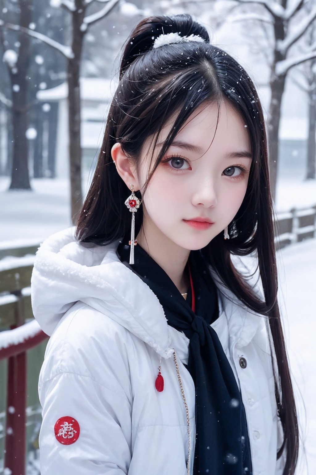 gufeng,1girl,long hair,solo,jewelry,earrings,upper body,snowing,closed mouth,lips,snow,facing viewer,ribbon,clothes,