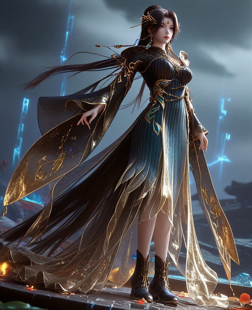 (knees to chest:1.1),(large breasts:1.2),<lora:XL16云深不知梦羲和第9集:0.95>,miss xihe,ombre gown,yellow eyes,forehead jewel,black hair,absurdly long hair,traditional chinese updo with long cascading hair,hair ornament,jewelry,earrings,wide sleeves,boots,eyeshadow,, score_9,score_8_up,score_7_up,score_6_up,score_5_up,score_4_up,3d rendering,tag1,tag2, Cinematic Lighting,backlighting,