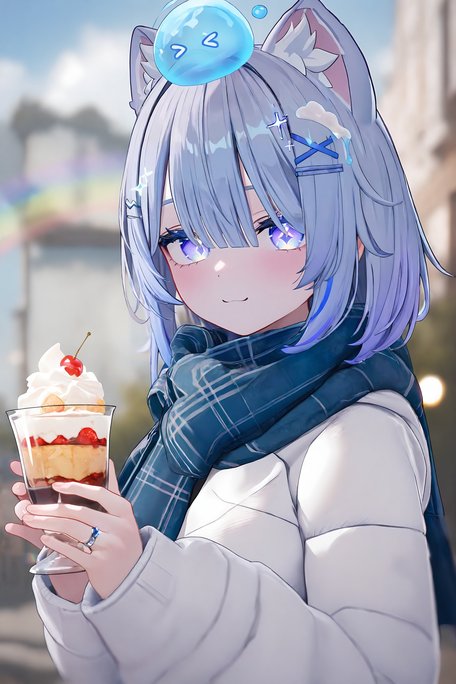 masterpiece,best quality,highly detailed,1girl,solo,cat ears,animal ears,lavender hair,short hair,blunt bangs,hair ornament,slime on head,blue hair clip,cross hair clip,blue eyes,purple eyes,gradient eyes,glowing eyes,shining eyes,sparkling eyes,cross-shaped pupils,star-shaped pupils,detailed eyes,looking at viewer,white jacket,scarf,plaid scarf,blue scarf,ring,jewelry,holding,holding drink,glass,parfait,whipped cream,cherry on top,straw,rainbow,sky,outdoors,bokeh,blurred background,close-up,portrait,upper body,<lora:VRC_STYLE-000118:0.9>,vct_style,