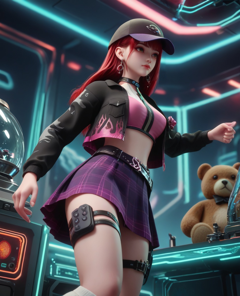 (oriental architecture, elegant decor, sophisticated style:1.1),(in ecstasy:1.1),(breasts:1.2),<lora:XL16克金玩家诸葛云落:0.95>,adolescent girl,camouflage cropped jacket,pink corset,brown eyes,red hair,long hair,atropurpureus baseball cap,hoop earrings,atropurpureus plaid miniskirt,choker,belt,thigh strap,white loose socks,stuffed bear brooch,vibrator in thigh strap,, score_9,score_8_up,score_7_up,score_6_up,score_5_up,score_4_up,3d rendering,tag1,tag2, Cinematic Lighting,backlighting,, zPDXL3, zPDXL2,zPDXL, zPDXLxxx, zPDXLrl,