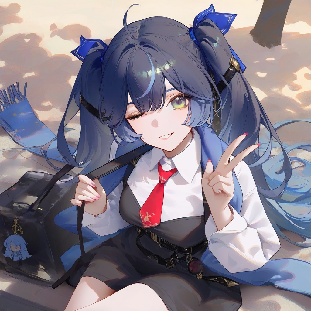 ,ningen mame,rhasta,ask \(askzy\),[wlop],ciloranko,very awa,masterpiece,best quality,year 2024,newest,highres,absurdres,1girl,ahoge,alternate costume,bag charm,black dress,blue ribbon,blue scarf,collared shirt,dress,hair belt,hair ornament,hair ribbon,iuno \(wuthering waves\),long sleeves,looking at viewer,multicolored hair,necktie,one eye closed,parted lips,red necktie,ribbon,scarf,shirt,smile,solo,streaked hair,w,white shirt,<lora:iuno50mc_xllokr:0.8>