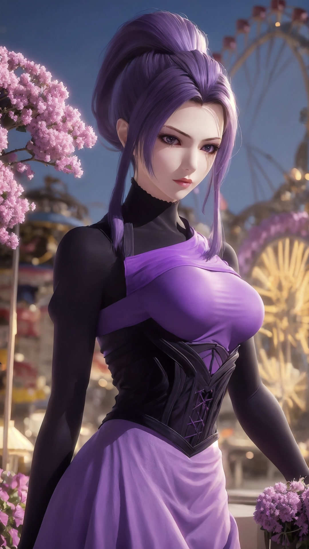 The image is a 3D rendering of a young woman with long purple hair styled in a high ponytail. She is wearing a purple and black outfit with a corset-style top and skirt. The outfit has a high neckline and long sleeves, and the skirt is flared at the bottom. The woman is standing in front of a backdrop of pink flowers and a Ferris wheel. She has a serious expression on her face and is looking off to the side. The overall mood of the image is futuristic and edgy.<lora:tyz zi_20241217072752-000022:0.8>,