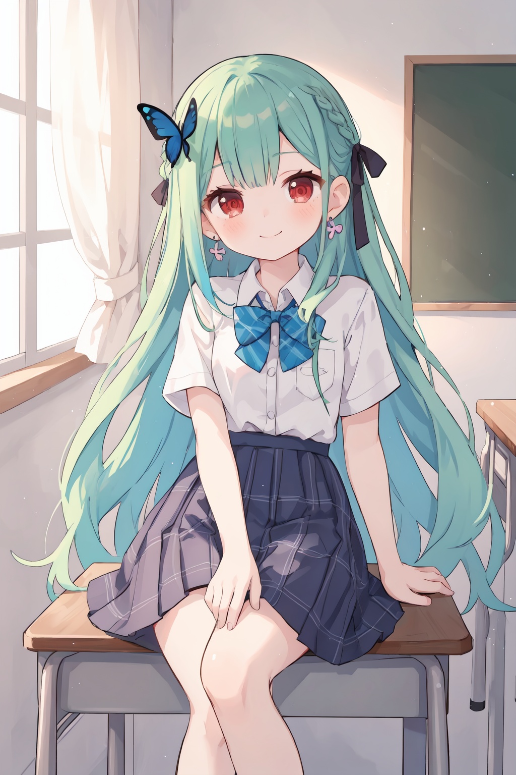 1girl, uruha rushia, virtual youtuber, solo, butterfly hair ornament, long hair, skirt, green hair, red eyes, shirt, sitting, hair ornament, white shirt, smile, earrings, jewelry, braid, looking at viewer, plaid, bangs, bow, very long hair, short sleeves, butterfly, ribbon, bug, bowtie, blush, collared shirt, plaid skirt, on desk, school uniform, closed mouth, plaid bowtie, plaid bow, hair ribbon, blue skirt, sitting on desk, desk, multicolored hair, pleated skirt, black ribbon, heart earrings, school desk, blue bow, feet out of frame, lu-style