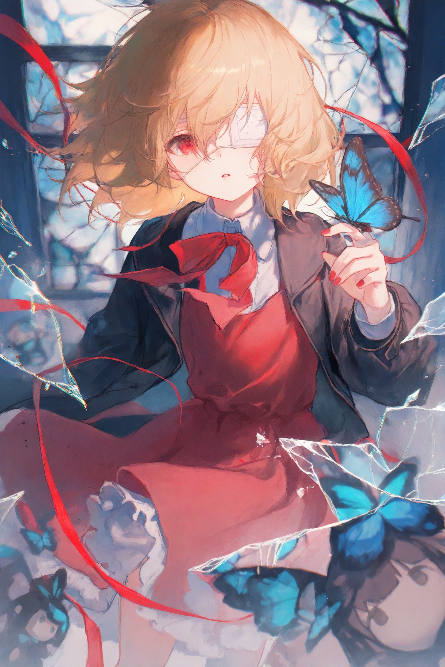 masterpiece,best quality,high quality,loli,chromatic_aberration,Light Blue Theme,//,butterfly,bug,red eyes,broken glass,broken window,1girl,eyepatch,crack,glass,red nails,looking at viewer,jacket,window,short hair,shirt,solo,black jacket,butterfly on hand,parted lips,black hair,long sleeves,one eye covered,ribbon,white shirt,collared shirt,red ribbon,medical eyepatch,bow,blonde hair,red dress,nail polish,doll,dress,hair between eyes,red bow,//,year_2023,year_2024,//,official art,depth of field,detailed light,blurry background,cinematic lighting,ray tracing,amazing quality,very aesthetic,absurdres,beast quality,ultra detailed,