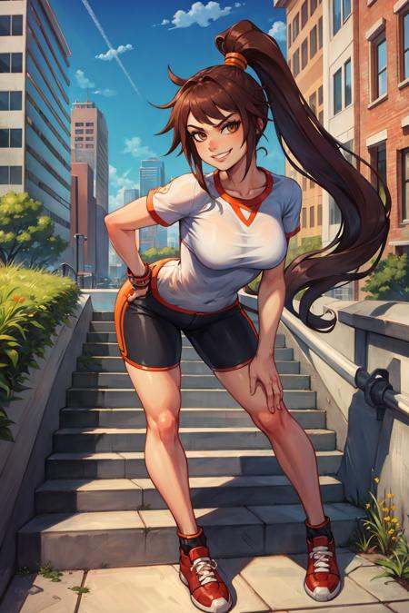 masterpiece, best quality, dnfstriker, ponytail, white t-shirt, black shorts, orange shoes, standing, city, stairs, looking at viewer, smirk, leaning forward <lora:striker-nvwls-v2-000010:0.7>
