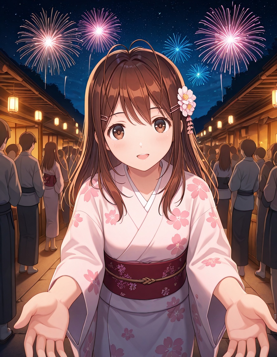 masterpiece, best quality, amazing quality, outdoors,1girl, standing, reaching towards viewer, night sky, serene atmosphere, scenic composition, open mouth, smile, stall, matsuri, lantern, fireworks, star, crowd, looking at viewer, pov,<lora:yuumi_hoshino-kimikiss_pure_rouge_s1-ixl-anime-soralz:1>, yuumi hoshino (kimikiss pure rouge), long hair, antenna hair, hairclip, sidelocks, brown eyes, brown hair,flower hair ornament, japanese clothes, kimono, floral print, long sleeves, wide sleeves, obi, cowboy shot,BREAKfaceless male, faceless female, <lora:StS-Illustrious-Detail-Slider-v1.0:3>
