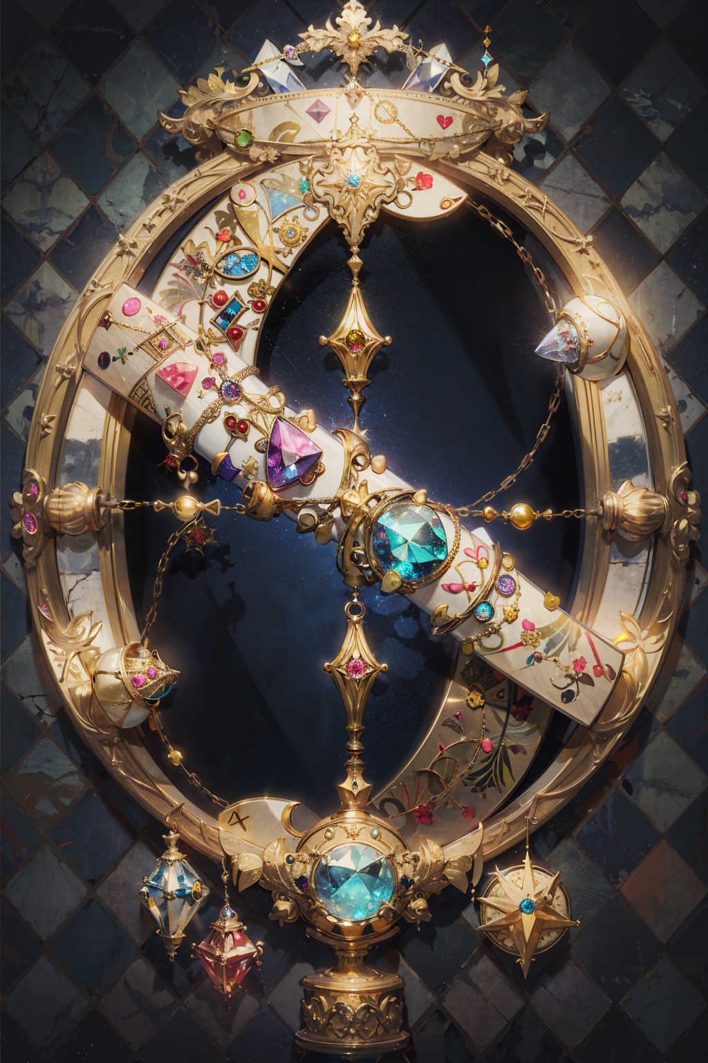 masterpiece, best quality,no human,gold line, gold, argyle, argyle background,gem, glowing, gold trim, jewelry, magic circle,symbol,crystal, fantasy, still life, badge