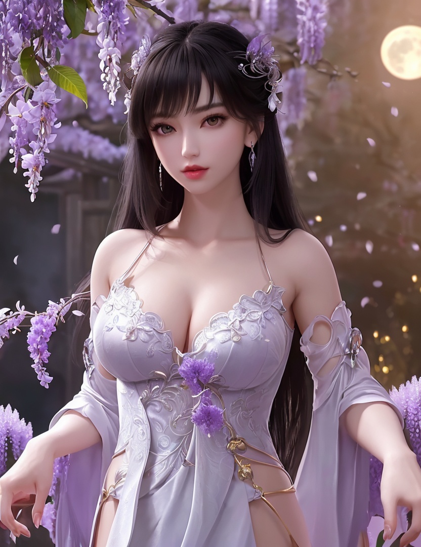 ultra realistic 8k cg, picture-perfect face, flawless, clean, masterpiece, professional artwork, famous artwork, cinematic lighting, cinematic bloom, perfect face, beautiful face, fantasy, dreamlike, unreal, science fiction,   lace, lace trim, lace-trimmed legwear,  (rich:1.4), prestige, luxury, jewelry, diamond, gold, pearl, gem, sapphire, ruby, emerald, intricate detail, delicate pattern, charming, alluring, seductive, erotic, enchanting, hair ornament, necklace, earrings, bracelet, armlet,halo((,1girl, pov,))(((1girl, jewelry, solo,breasts, looking_at_viewer,  outdoors,  full moon,  upper body, wisteria, chloris garden,  cherry blossoms, )))    <lora:DA_YueChanTeen:0.6>