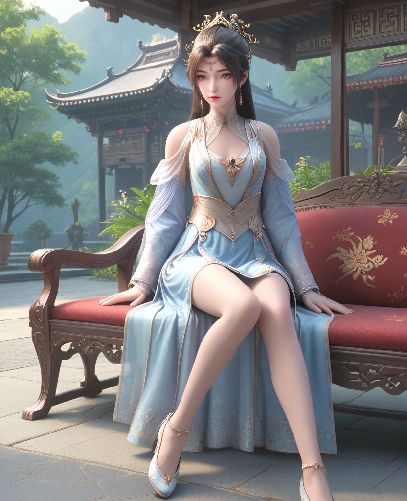 (oriental architecture, elegant decor, sophisticated style:1.1),(Sitting on a bench in a train station, looking out with a mix of excitement and anticipation,:1.1),(breasts:1.2),<lora:XL16神墓雨馨:0.95>,miss yuxin,white blue tiered dress,blue eyes,black hair,traditional chinese updo with long cascading hair,hair ornament,jewelry,earrings,sash,shoes,, score_9,score_8_up,score_7_up,score_6_up,score_5_up,score_4_up,3d rendering,tag1,tag2, Cinematic Lighting,backlighting,