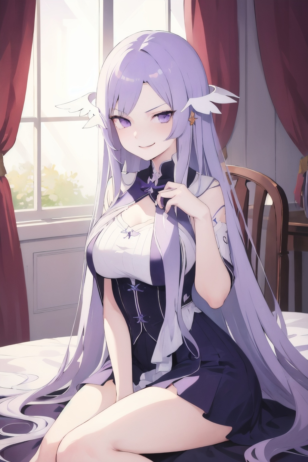 masterpiece,best quality,1girl,solo,purple eyes,very long hair,large breasts,swept bangs,light purple hair,quinella,quinella (SAO),evil smirk,sitting,<lora:lbc_quinella_(sao)24324_v1.0:0.9>,
