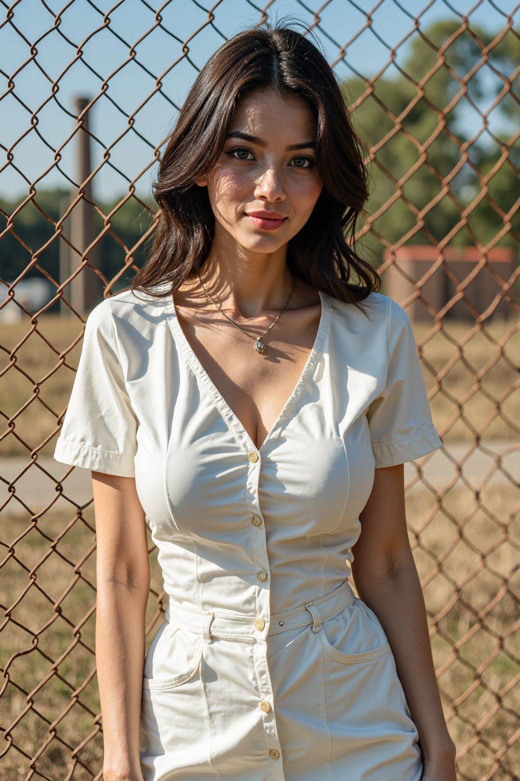 Vibrant colors infused with mixed colorism,soft_light_style,In the image,a young woman is the central figure,standing against a backdrop of a chain link fence. She is dressed in a white blouse,and she is wearing short skirt, large breasts and smile, The fence behind her is rusted,suggesting it has been exposed to the elements for some time. The woman is looking directly at the camera,her expression neutral. The image is taken from a slightly elevated angle,providing a clear view of the woman and the fence.,