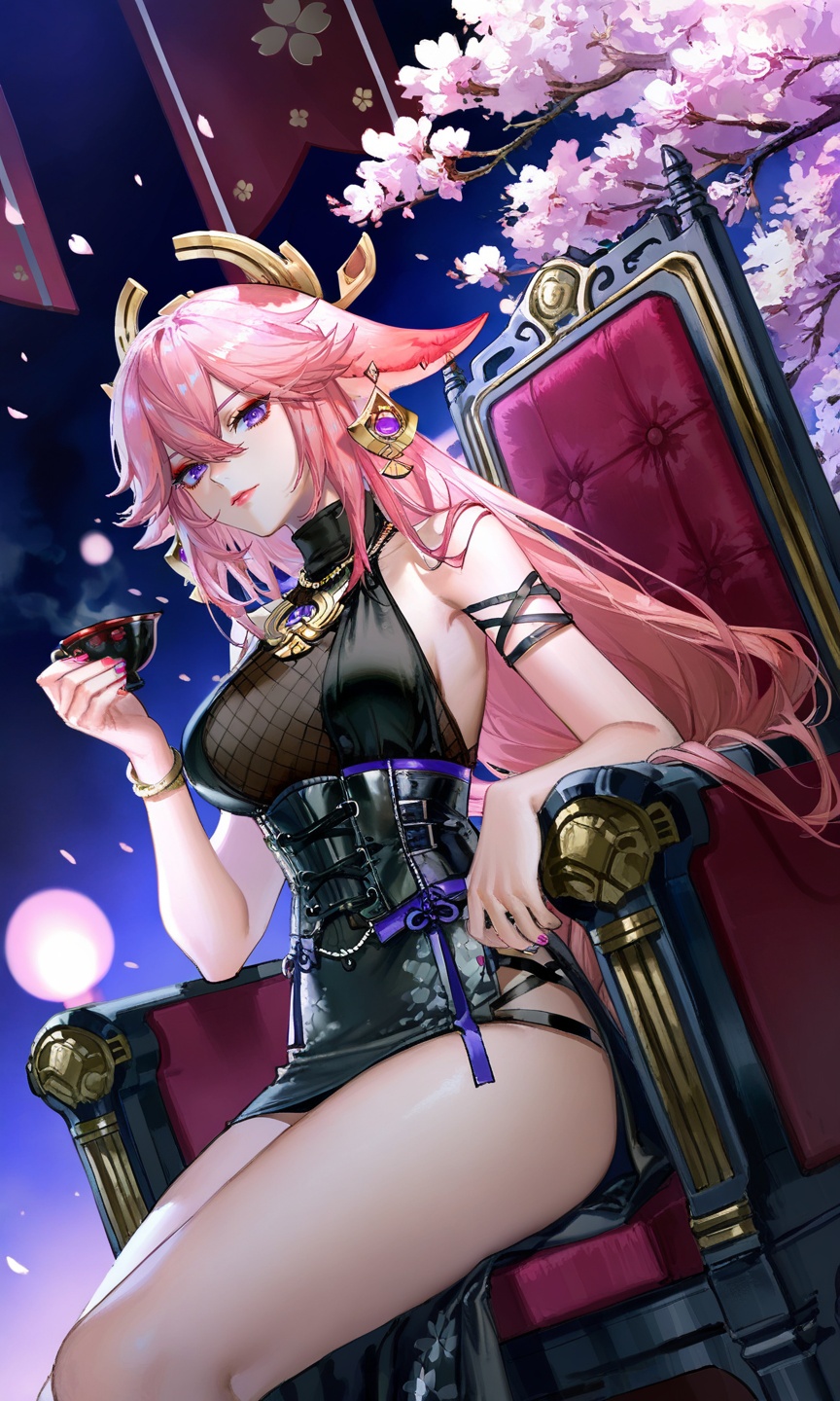 yae miko,pink hair,purple eyes,<lora:碧蓝航线立绘12·ILL:0.8>,lihui,official alternate costume,1girl,sitting,solo,breasts,jewelry,throne,earrings,looking at viewer,chair,bare shoulders,medium breasts,makeup,lips,nail polish,necklace,dress,thighs,corset,(quasarcake:0.7),dutch angle,(cowboy_shot:1.2),cherry_blossoms,tea,tea up,holding,
