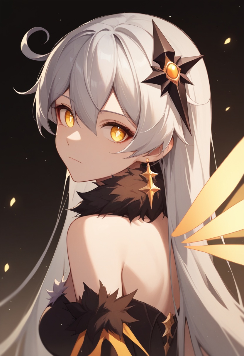 score_9,score_8_up,score_7_up,<lora:benghua3_pony:1>,1girl,kiana_kaslana_\(herrscher_of_the_void\),solo,portrait,from_side,expressionless,grey_hair,long_hair,hair_ornament,portal_\(object\),absurdres,highres,bare_shoulders,closed_mouth,commentary_request,crosshair_pupils,dark_persona,energy_wings,fur-trimmed_dress,hair_between_eyes,light_particles,looking_at_viewer,purple_gemstone,yellow_eyes,yellow_gemstone,