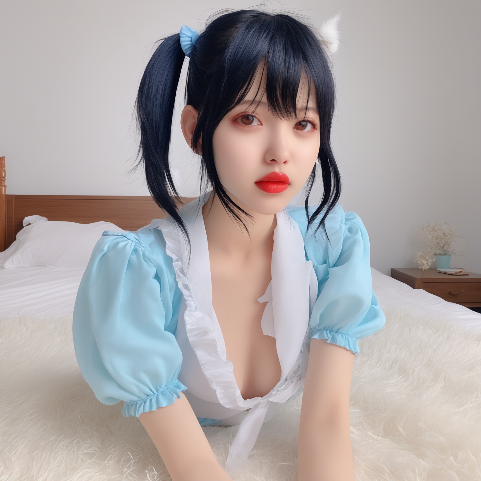 (RAW photo, best quality), (realistic, photo-realistic:1.3), best quality ,masterpiece, an extremely delicate and beautiful, extremely detailed ,CG ,unity ,2k wallpaper, Amazing, finely detail, masterpiece, light smile, best quality, extremely detailed CG unity 8k wallpaper, huge filesize , ultra-detailed, highres, extremely detailed,1girl, solo,black hair, black eyes,red  lips,villhaze, full body, ponytail,asymmetric bangs,cyan,pale cerulean, bluish,indigo,navy blue,pout,ahegao,bunny_costume,