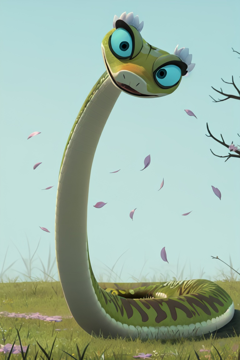 Masterpiece,Best Quality,master viper,snake,grass,full body,feral,thin tail,solo,<lora:master viper-000008:1>,headdress,belly,open mouth,perfection detail,extreme detail,cherry blossoms,