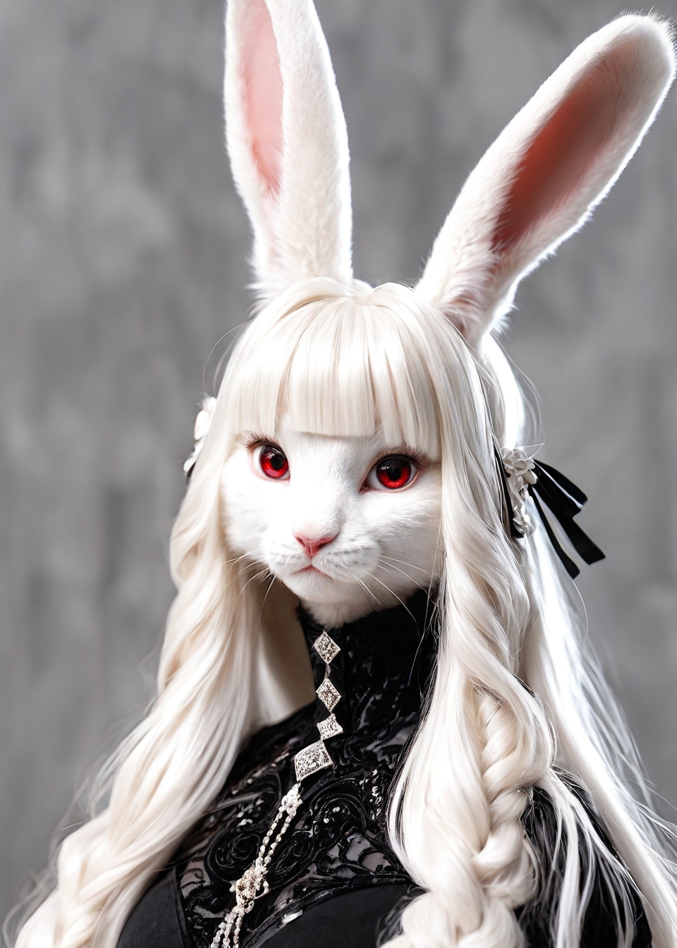 score_9, score_8_up, score_7_up, score_6_up, score_5_up, score_4_up, source_furry,realistic, photo,detailed face eyes hair and fur, BREAK,1girl, solo, rabbit girl, clothed, body fur, white rabbit, white fur, wavy long white hair, partial bangs, single braid, detailed fluffy fur, looking at viewer, staring, seductive, red eyes, luxurious, black dress, high detailed, cinematic, upper body