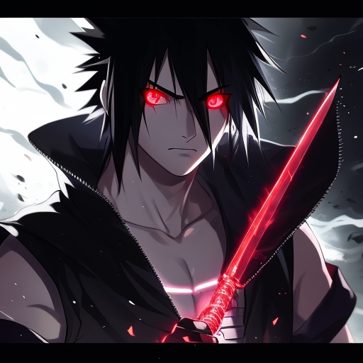 1boy, black gloves, black hair, closed mouth, collarbone, glowing, glowing eye, glowing eyes, hair between eyes, holding weapon, letterboxed, looking at viewer, male focus, red eyes, rope, solo, uchiha sasuke, upper body, weapon<lora:2.9huoyingsd1.5:0.8>,