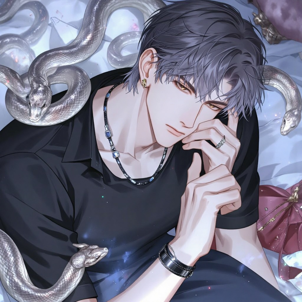 glow_style,necklace,hair between eyes,snakes,bracelet,hand on own face,laying,sfw,lying on side,grey hair,jewelry,animal,short hair,cats,necklace only,hand up,fate/grand order,pants,lying on back,black_shirt,solo,on bed,closed mouth,parted lips,on bed,1boy,hand on own chin,collared shirt,shirt,fate (series),bracelet only,looking at viewer,male focus,