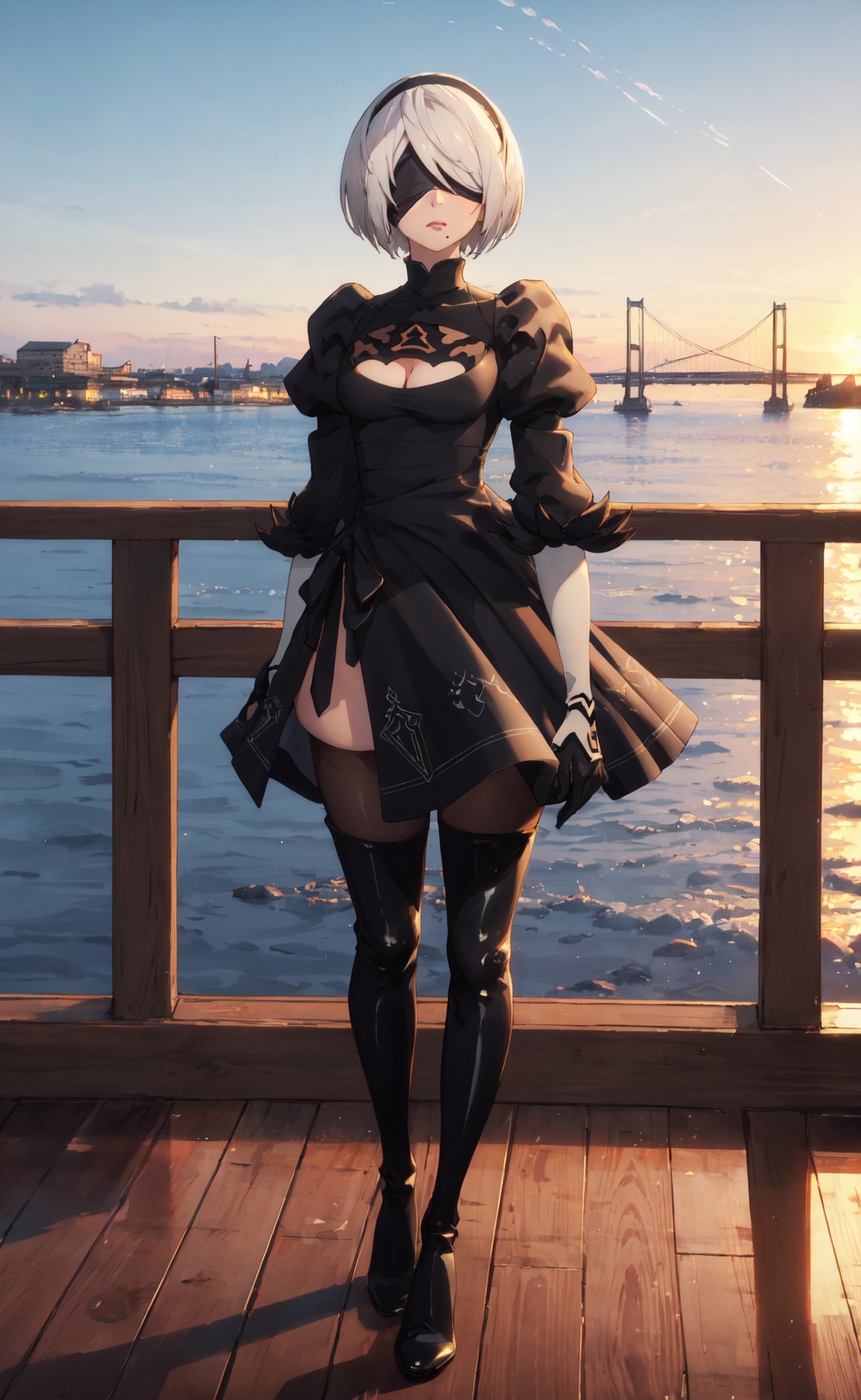<lora:2B-000017:0.8>,2B CYQL,1girl,looking at viewer,solo,white hair,short hair,black hairband,covered eyes,black blindfold,mole under mouth,clothing cutout,cleavage cutout,long sleeves,puffy sleeves,gloves,dress,black dress,thighhighs,boots,thigh boots,high heel boots,breasts,cleavage,feather-trimmed sleeves,kind_smile,bust,Seafood restaurant on city pier, Dining, Waterfront views, Cuisine, Coastal,beautiful detailed sky,beautiful detailed glow,posing in front of a colorful and dynamic background,masterpiece,best quality,beautiful and aesthetic,contrapposto,female focus,wallpaper,