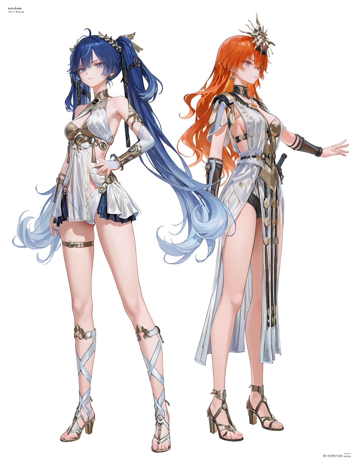 8k,best quality,masterpiece,(ultra-detailed),(high detailed skin),(artist:reoen:0.826446),(artist:machi:0.9),(artist:ningen_mame:0.9),(artist:sho_(sho_lwlw):0.9),(artist:rhasta:0.9),(artist:wlop:0.7),(artist:ke-ta:0.6),(fkey:0.5),(tianliang duohe fangdongye:0.5),(hiten \(hitenkei\):0.6),best quality,amazing quality,(artist:onineko:0.826446),very aesthetic,bokeh,simple background,(white background:1.2),hand on own hip,(white background:1.1),full body,full shot,standing,looking at viewer,simple background,(white background:1.2),hand on own hip,(white background:1.1),<lora:Augusta-Iuno-ill-Tanger:0.8>,2girls,Iuno and Augusta,Iuno \(Wuthering Waves\),clothes: Iunodef Exotic white dance costume,1girl,twintails,blue hair,breasts,thighlet,Iunodef dress,jewelry,bare shoulders,very long hair,Iunodef gladiator sandals,Augusta \(Wuthering Waves\),clothes: Augustadef gladiator armor clothes,Augustadef sunburst-style crown,1girl,jewelry,earrings,long hair,breasts,orange hair,Augustadef gladiator sandals,Augustadef  Belt ornaments,cleavage,Augustadef dress,