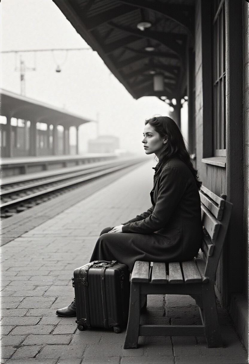 analog_feel,  a forgotten memory of departure,  a young woman sitting on a worn wooden bench at an old train station on Te...