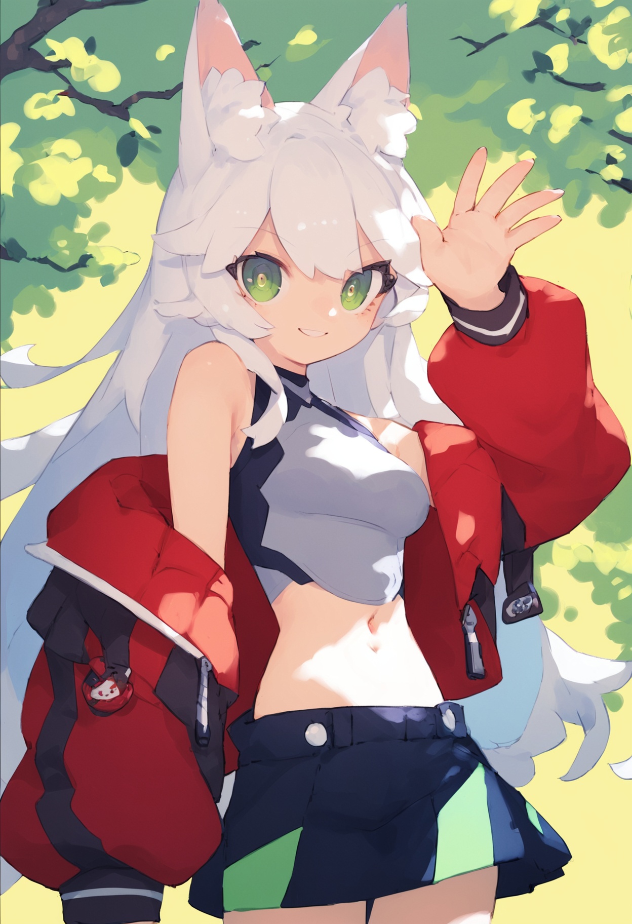 score_9, score_8_up, score_7_up, score_6_up, score_5_up,score_4_up,lvzi,1girl,solo,green eyes,smile,:d,long hair,white hair,animal ears,animal ear fluff,eyebrows visible through hair,medium breasts,navel,bare shoulders,jacket,off shoulder,midriff,skirt,hand up,waving,cropped legs, <lora:lvziXL-000005:0.8>