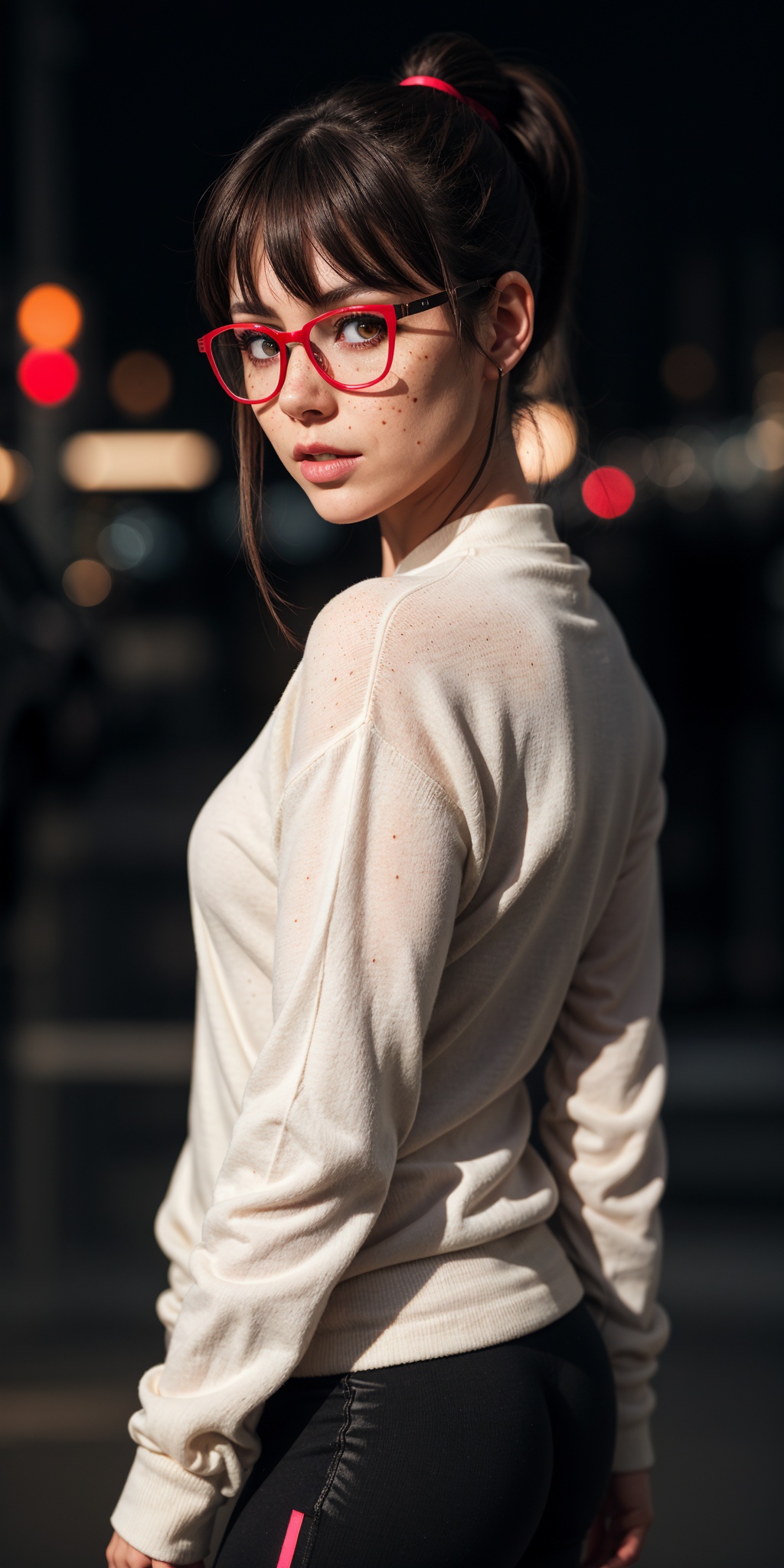 woman,  wearing glasses,  lights bokeh background on Tensor.Art