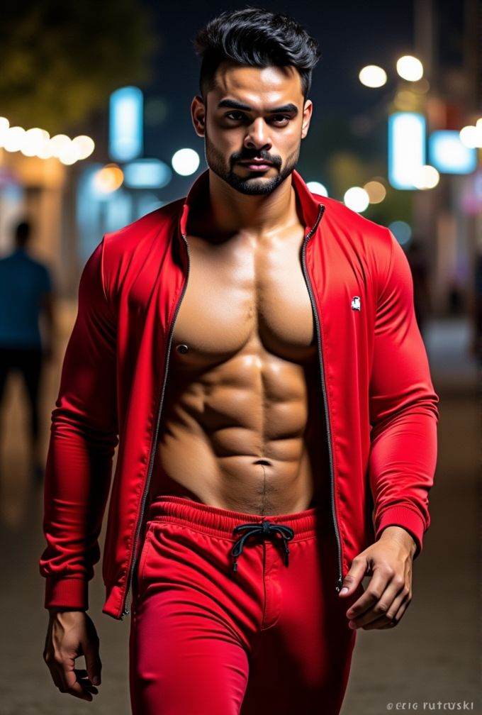 tovino thomas ,  realistic photo in a worn ((skin-revealing skimpy erotic red tracksuit,  massive pecs)) on Tensor.Art