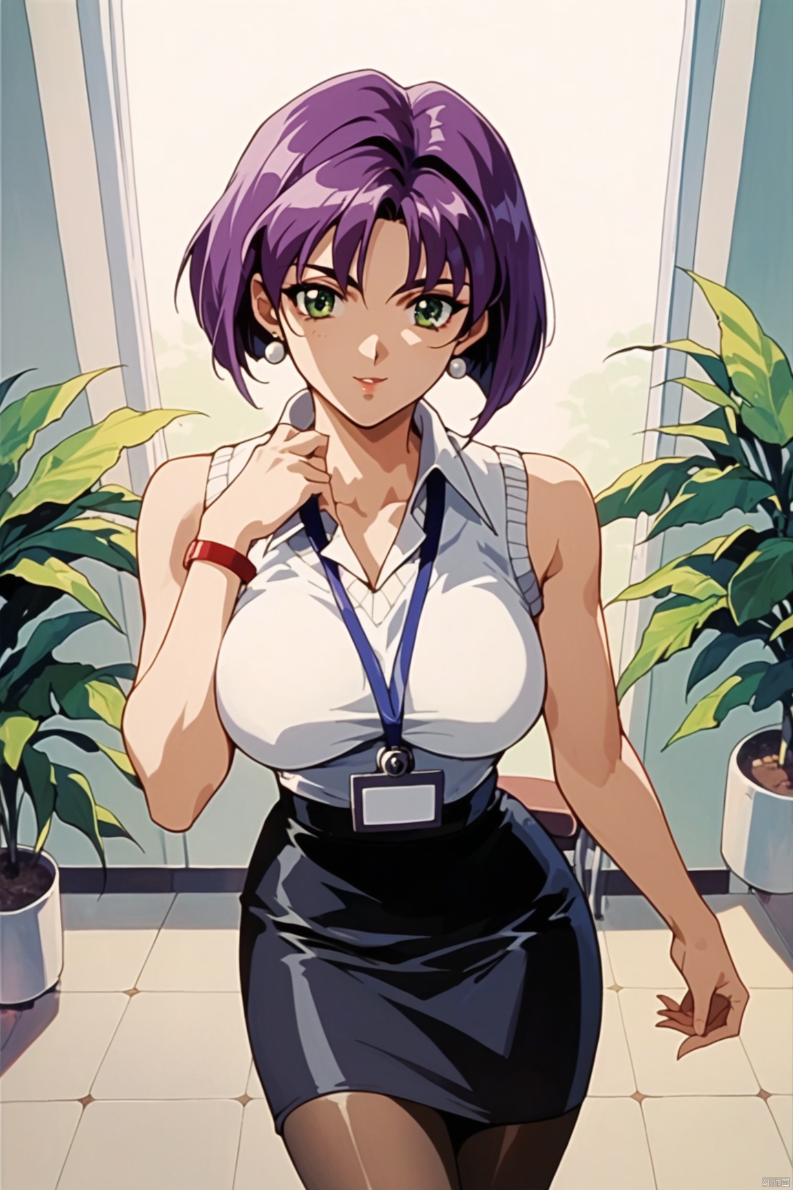 score_9,score_8_up,score_7_up,score_6_up, retro artstyle, 1980s (style),looking at viewer,absurdres,1girl, kawai mari,green eyes,purple hair,short hair,bob cut,earrings,black high-waist skirt,jewelry,lanyard,large breasts,sleeveless,sweater,white sweater,turtle neck,office lady,thighs,black pantyhose,office